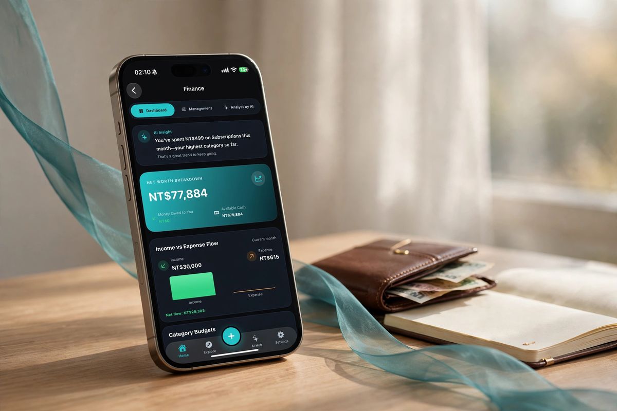 The Plyndi app's finance screen on a phone next to a wallet with banknotes